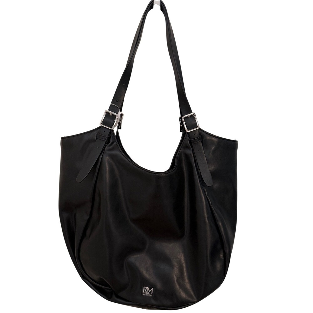 Rebecca Minkoff Black Leather Hobo Shoulder Bag Silver Hardware Buckle Straps